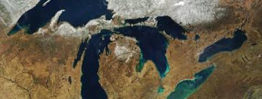 A satellite image of the Great Lakes.