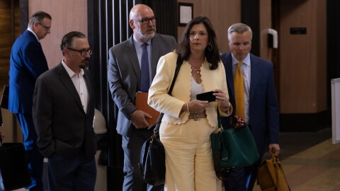David Chaney (left) and Ben Harris (right) walk to the courtroom with their attorneys at the Oklahoma County Courthouse on Thursday, April 30, 2026.
