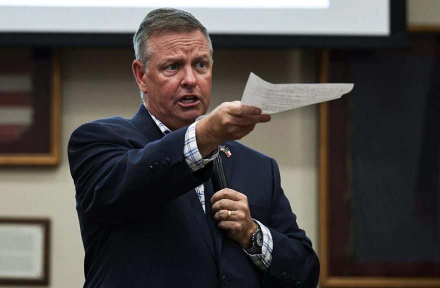 Tarrant County Judge Tim O’Hare speaks to attendees during a True Texas Project meeting Sept. 14, 2026, at the Texas Star Golf Course in Euless.