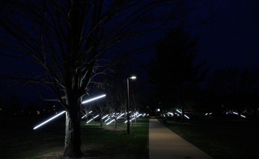 “Where the Light Gets In,” an art installation on the campus of Michigan State University, features LED tubes mounted on trees expected to be cleared for the construction of the Spartan Gateway District. The lights appear to be piercing the heart of each tree.