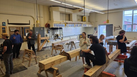 The timber framing shop inside Hoosac Valley Middle & High School in Cheshire, Massachusetts.