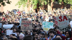 A large crowd gathered on Cornell’s campus Monday afternoon to show support for a Cornell student, known as Jane Doe, who alleges she was raped by fraternity members on campus in 2024.