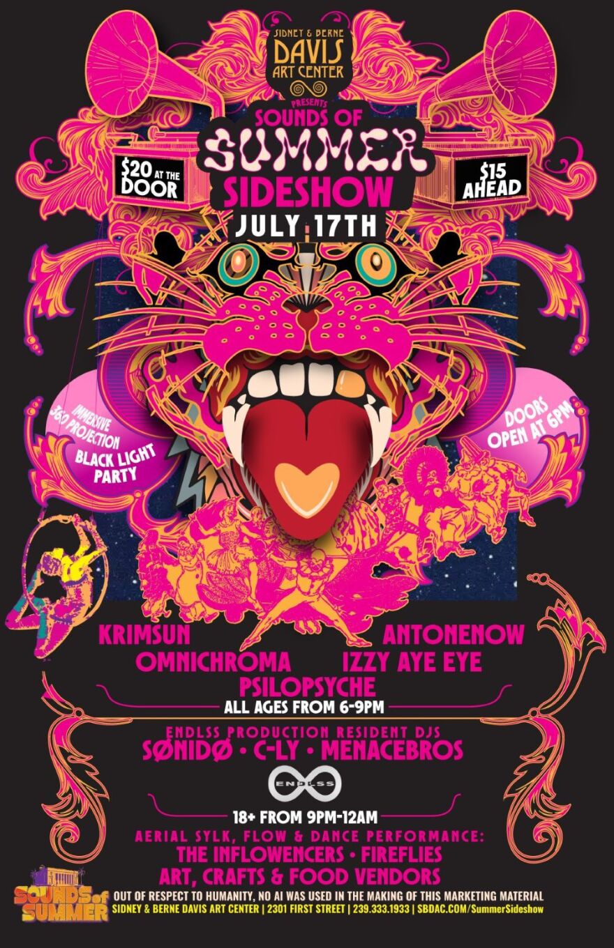 Sidney & Berne Davis Art Center flier for 'Sounds of Summer Sideshow.'
