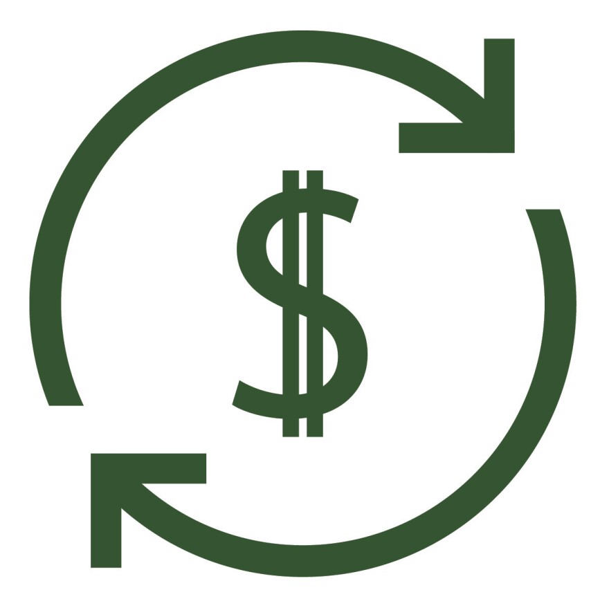 Dollar sign inside recycle symbol