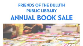 Photo of boxes of books under blue text reading "Friends of the Duluth Public Library Annual Book Sale"
