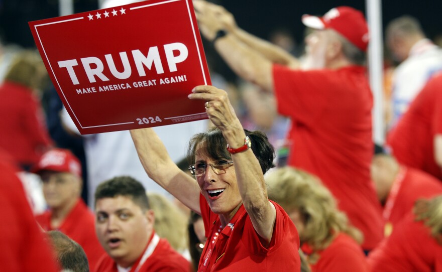 Florida delegates cheer during the session at the Fiserv Forum for the Republican National Convention in Milwaukee, Wis., Tuesday, July 17, 2024. (Ashleigh Lucas/WUFT News)