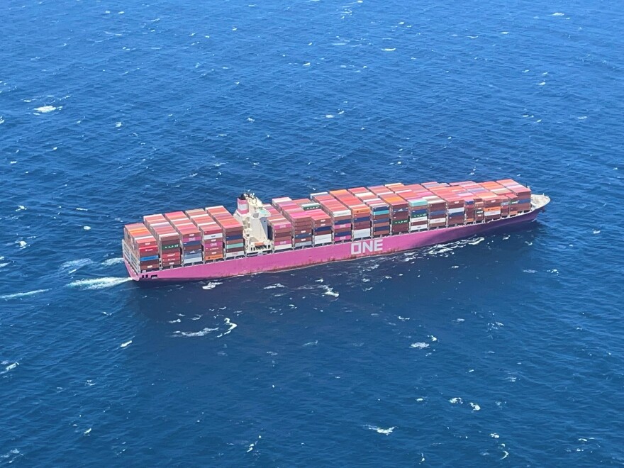 A ship spotted in the Santa Barbara Channel heading to or from one of three strategic Southern California Ports – L.A., Long Beach or Hueneme. Hundreds of ship transit through the channel every week.