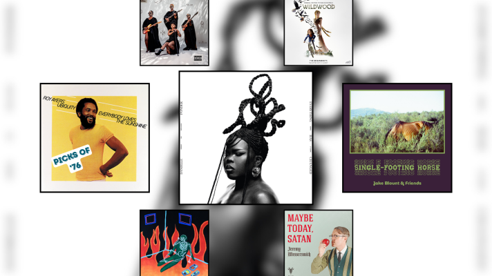Artwork for three albums and four singles displayed in black square frames. 