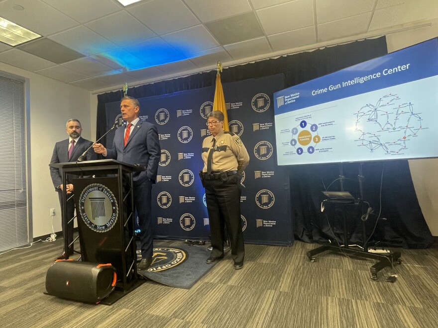 Senator Martin Heinrich announcing funding for Ballistics testing machines. Accompanied by New Mexico Attorney General Raúl Torrez and Doña Ana County Sheriff Kim Stewart.