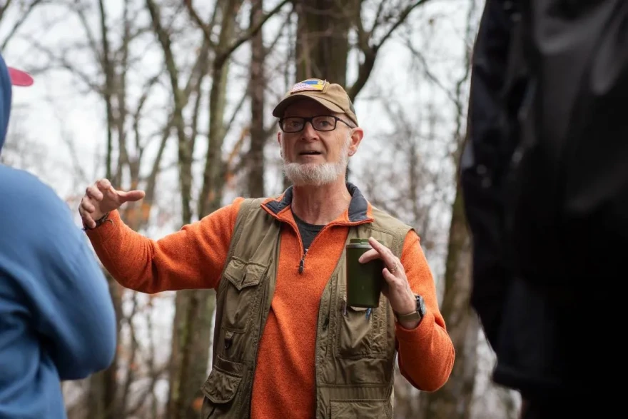 Charles Ruffner leads students on a hike in early March at Touch of Nature in Makanda, Illinois.