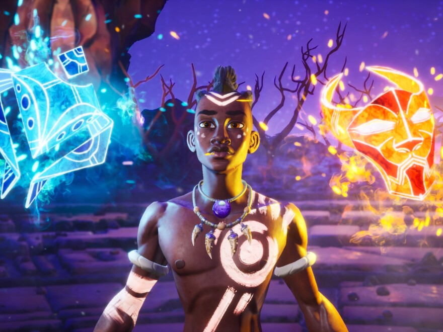 Protagonist Zau, flanked by the Masks of the Moon and Sun he'll use to fight through the enchanting world of Kenzera.