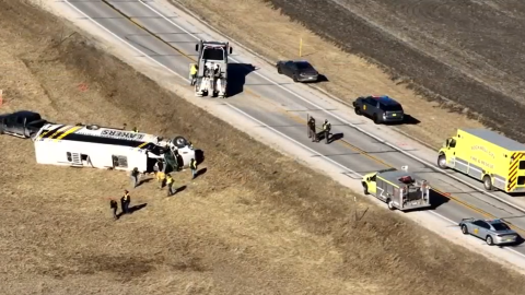 Accident scene after the crash of a baseball team bus in Calhoun County. One player was killed.