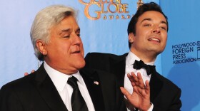 Jay Leno and Jimmy Fallon pose in the press room during the Golden Globe Awards in January.