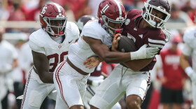 Alabama linebacker Xavier Griffin (11) makes a tackle against Mississippi State running back Xavier Gayten during the second half of an NCAA college football game in Starkville, Miss., Saturday, Oct. 3, 2026. (AP Photo/James Pugh)