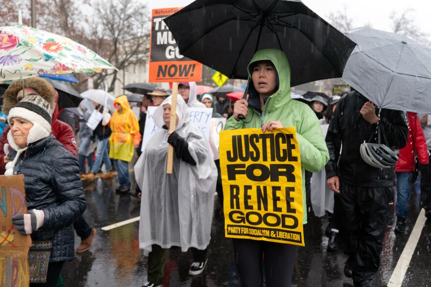 Demonstrators march outside the White House in Washington, Saturday, Jan. 10, 2026, against the Immigration and Customs Enforcement agent who fatally shot Renee Good in Minneapolis.