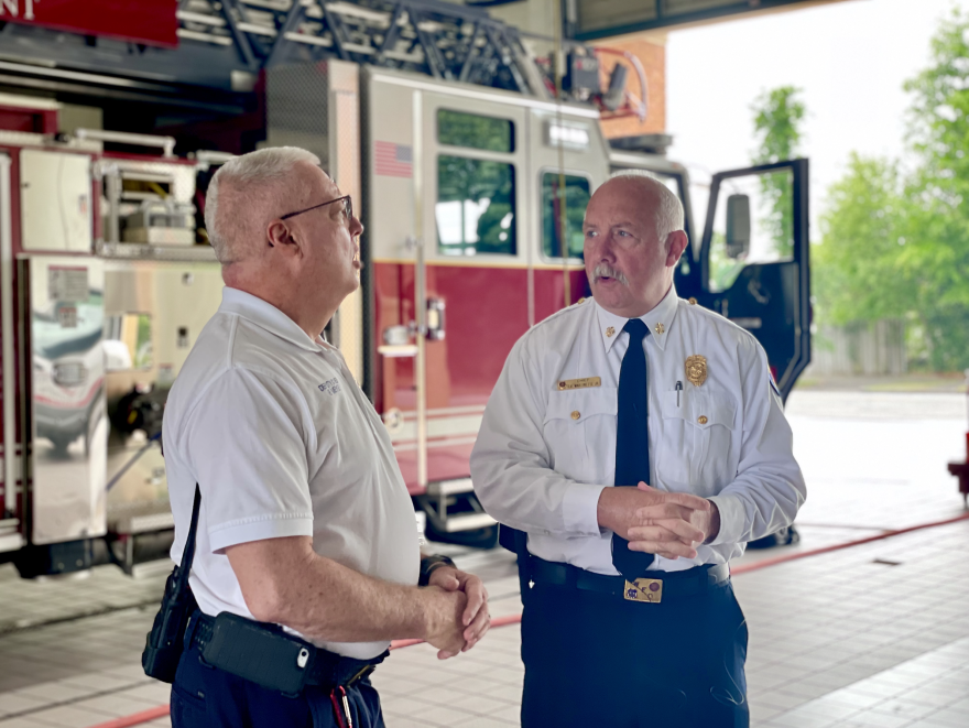 New Hanover County Fire Rescue Deputy Fire Chief Frank Meyer, and Wilmington Fire Department Fire Chief Buddy Martinette, speaking at a Tuesday, May 25, 2021 press conference.