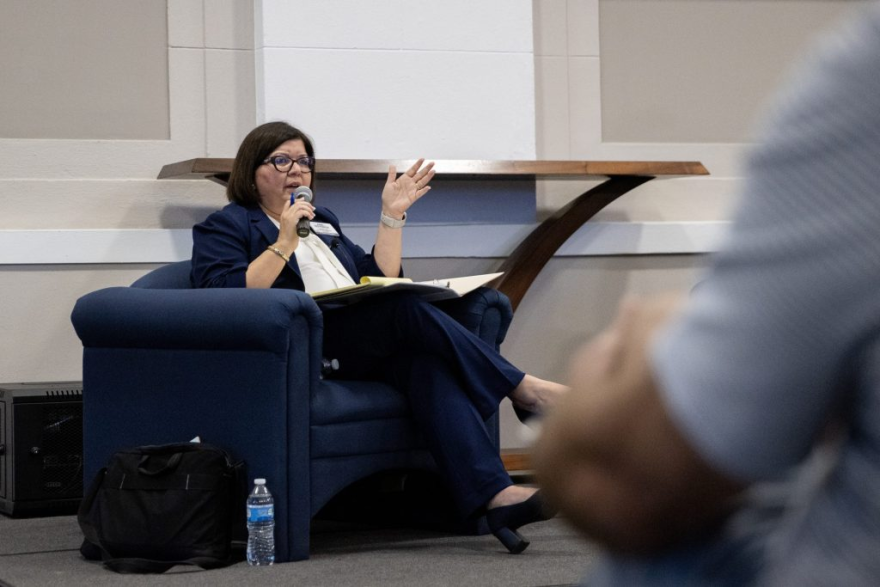 Ana Boyenga, candidate for Merced County Superintendent of Schools, answers a question during a debate in Merced, Calif., on Tuesday, Sept. 29, 2026.