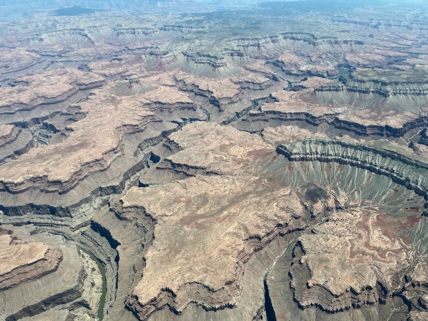 An aerial view of the Grand Canyon's South Rim where Havasu Creek flows into the Colorado River. The new