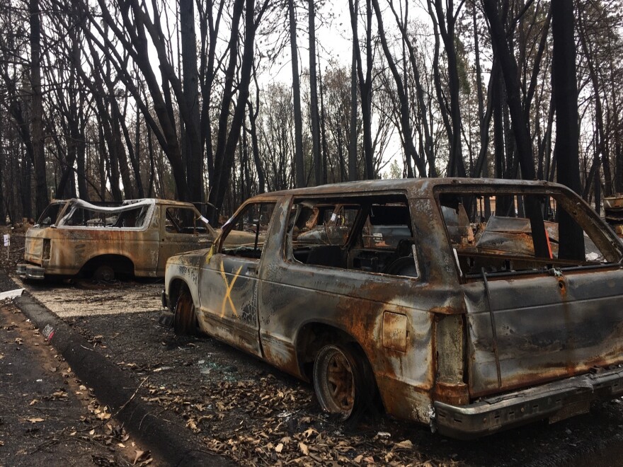 Many of the lots in the burned out towns above Chico still have the charred remains of cars that need to be cleared out.