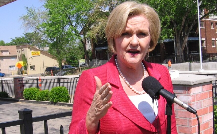 Senator Claire McCaskill, D-MO, speaks to gasoline prices outside a K.C. Shell station.