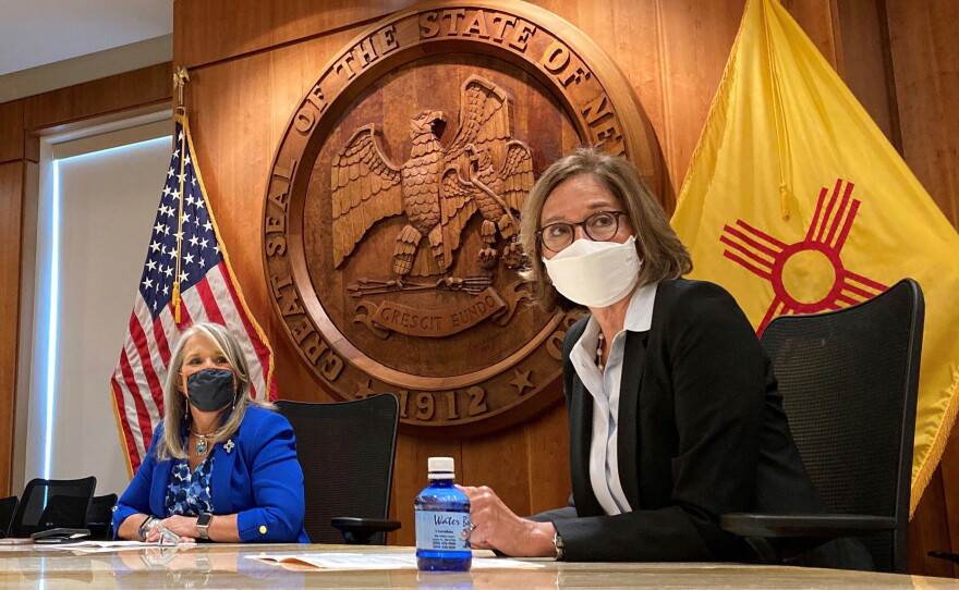 Retired New Mexico Supreme Court Justice and Children Youth and Families Department Sec. Barbara J. Vigil, right, andGov. Michelle Lujan Grisham in August, 2021. Lujan Grisham announced Thursday, Feb. 16, 2023, an overhaul of CYFD, condemning what she described as an “antiquated” and “siloed” agency that struggles to adequately care for roughly 1,800 youths who are in state custody.