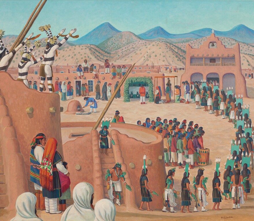 An oil on canvas painting depicts a crowd forming a line. Many wear green headpieces. The landscape has mountains in the background and clay-looking buildings.