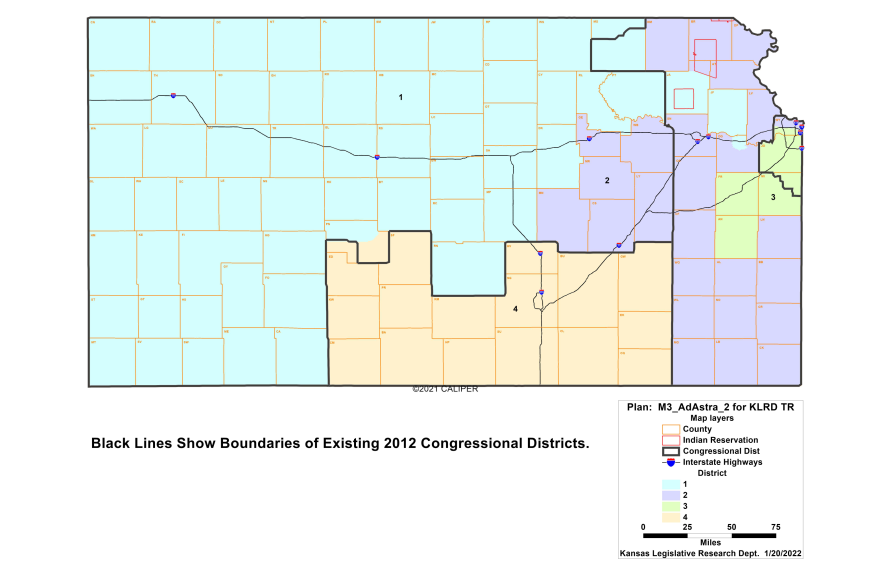 A map of Kansas shows the state's new congressional districts drawn in 2022 compared to and older district lines that were drawn in 2012.