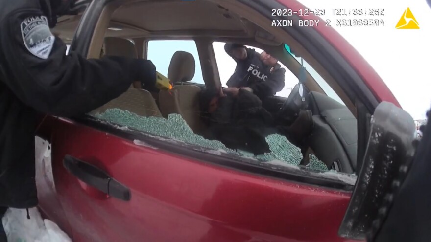 A screenshot from Bethel Police Department (BPD) body cam footage provided to KYUK through a public records request shows former BPD officer Jonathan Murphy during an incident involving Bernard Mael in Bethel on Dec. 23, 2023.