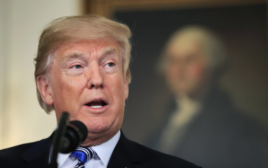 President Trump speaks in the Diplomatic Room of the White House in Washington, Friday, March 23, 2018, about the $1.3 trillion spending bill. (Manuel Balce Ceneta/AP)
