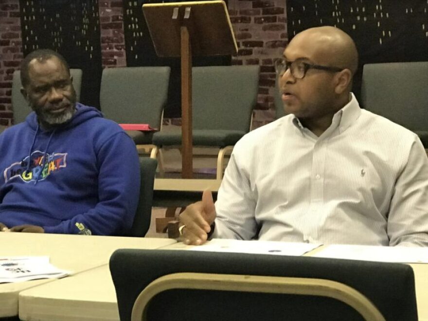 Go Forward Pine Bluff CEO Ryan Watley (right) discusses the May 9 special election.
