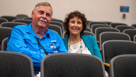 Linda and Scott Ebner sit in a UCF history class lecture hall during the first week of the fall semester.