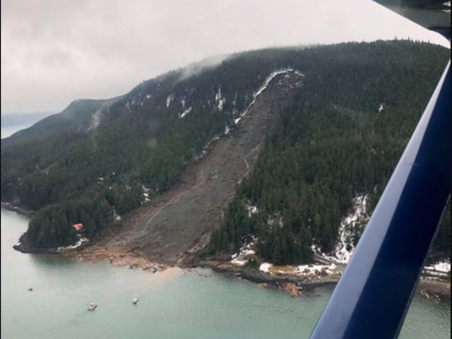 A landslide on a mountainside as seen from the air