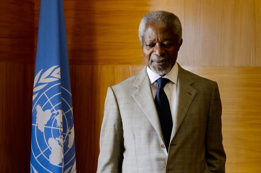 UN-Arab League envoy Kofi Annan looks on before a meeting at his office at the United Nations Offices in Geneva.