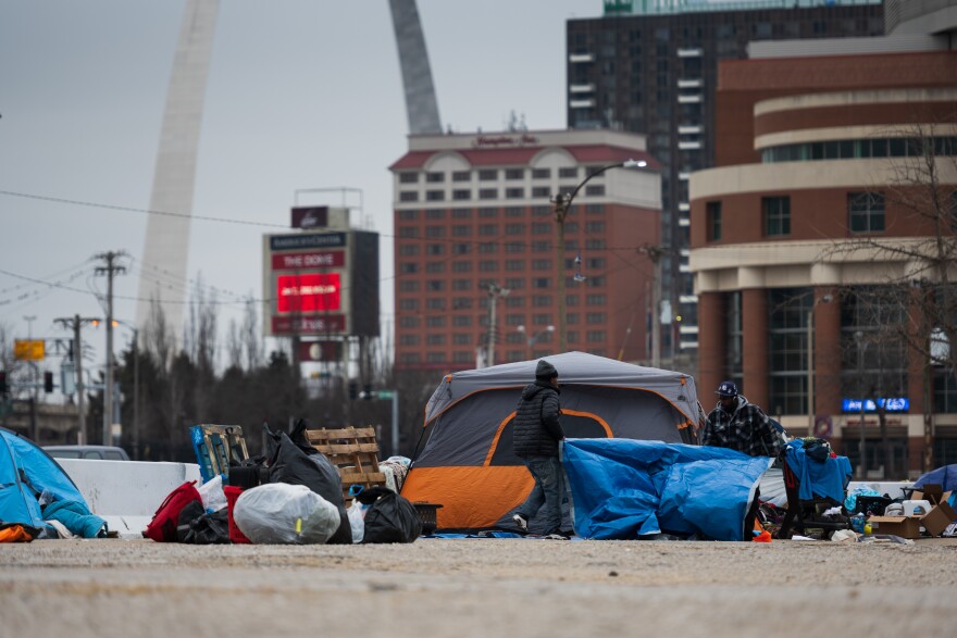 Residents of a homeless encampment in downtown St. Louis packed up their belongings on January 11, 2021, a few weeks before the region experienced a deadly cold snap.