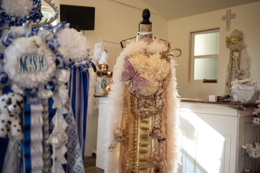 Mum’s and Kisses, a store in Crowley, TX., makes traditional mums for high school homecoming events.


