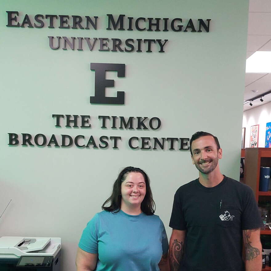Dr. Peter Blackmer, EMU associate professor of Africology and African American Studies, and graduate student Mikayla Stevens at the Timko Broadcast Center.