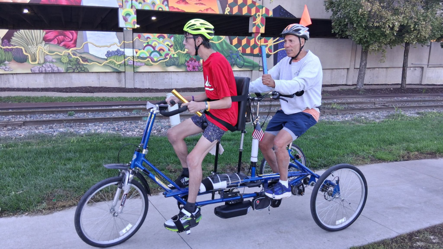 Two of the 1,800 bicyclists and runners taking part in the coast-to-coast America Discovery 250 Relay, from July through November.