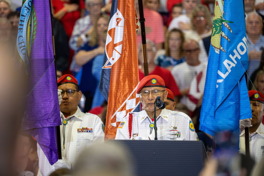 A Choctaw color guard presents flags at the Donald Trump rally in Durant.