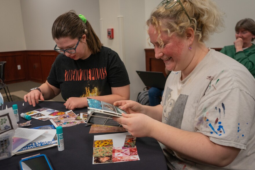 Alexia Oswald, right, puts quilt pictures in her mindfulness collage because it reminds her of being wrapped up in something warm.