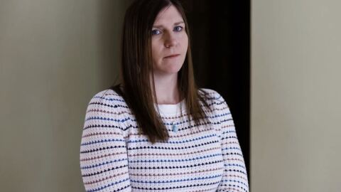 In this photograph provided by Stephen Davis Phillips/Goldwater Institute, Amber Lavigne, of Newcastle, Maine, poses on March 25, 2023, at her home in Newcastle. Lavigne is suing a school district saying a counselor encouraged her teen's social gender transition without consulting her. The federal lawsuit argues parents' rights trump state statutes allowing school counselors to keep student gender and sexuality information private.