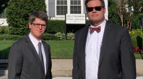 Fourth-generation funeral home director Patrick Kearns (left) and his business partner and brother-in-law Paul Kearns-Stanley stand in front of their funeral home in North Richmond Hill, Queens.