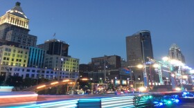 The Cincinnati skyline provides a beautiful backdrop for NBC's "American Ninja Warrior" set on Second Street.