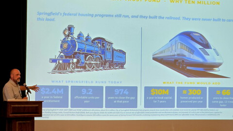 Springfield Planning and Development Director, Steve Childers, speaks during a summit on housing in Springfield. He pitched a proposal for a housing trust fund.