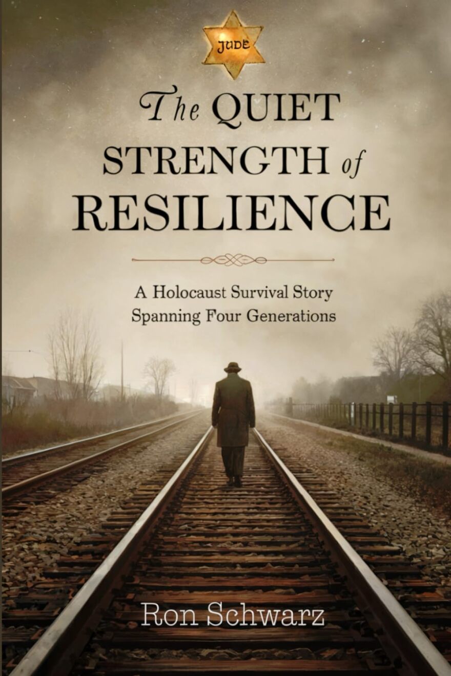 The front cover of "The Quiet Strength of Resilience" with a man walking on train tracks