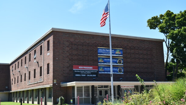 The outside of Glenville High School on the east side of Cleveland. This building was closed due to excessive heat in late August.