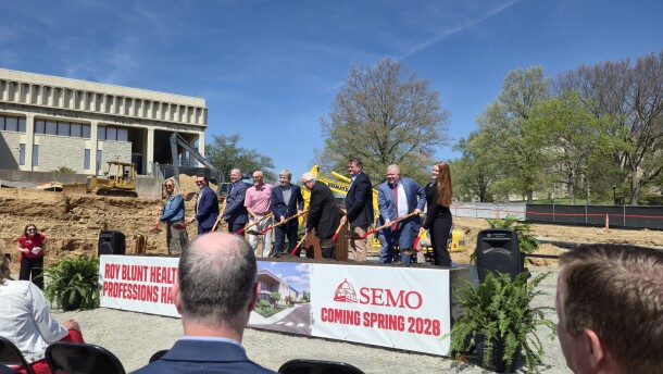 Participants show off commemorative shovels at the Roy Blunt Health Professions Groundbreaking Ceremony on Thursday, April 9, 2026.