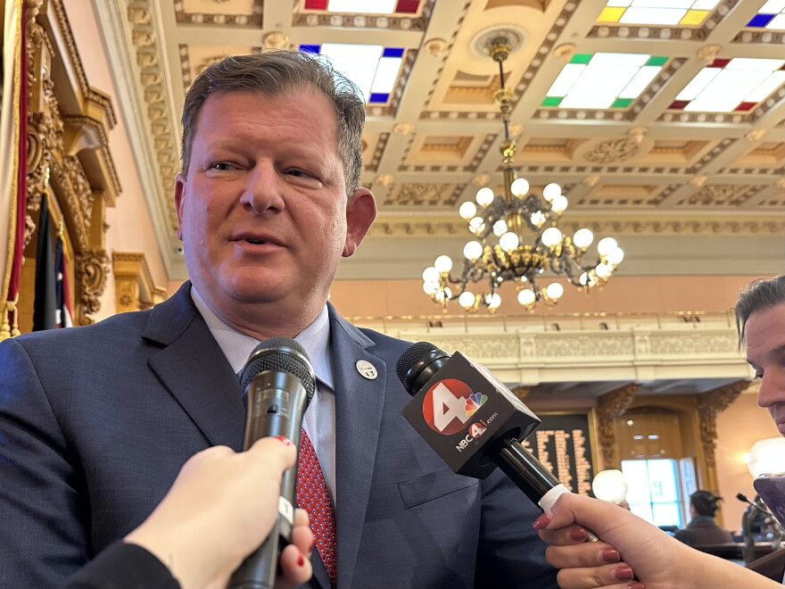 House Speaker Jason Stephens (R-Kitts Hill) gaggles with reporters in November 2023.