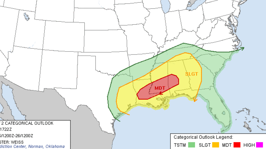 Looking ahead to Tuesday and Wednesday: the darker the shading, the greater the risk of severe weather.