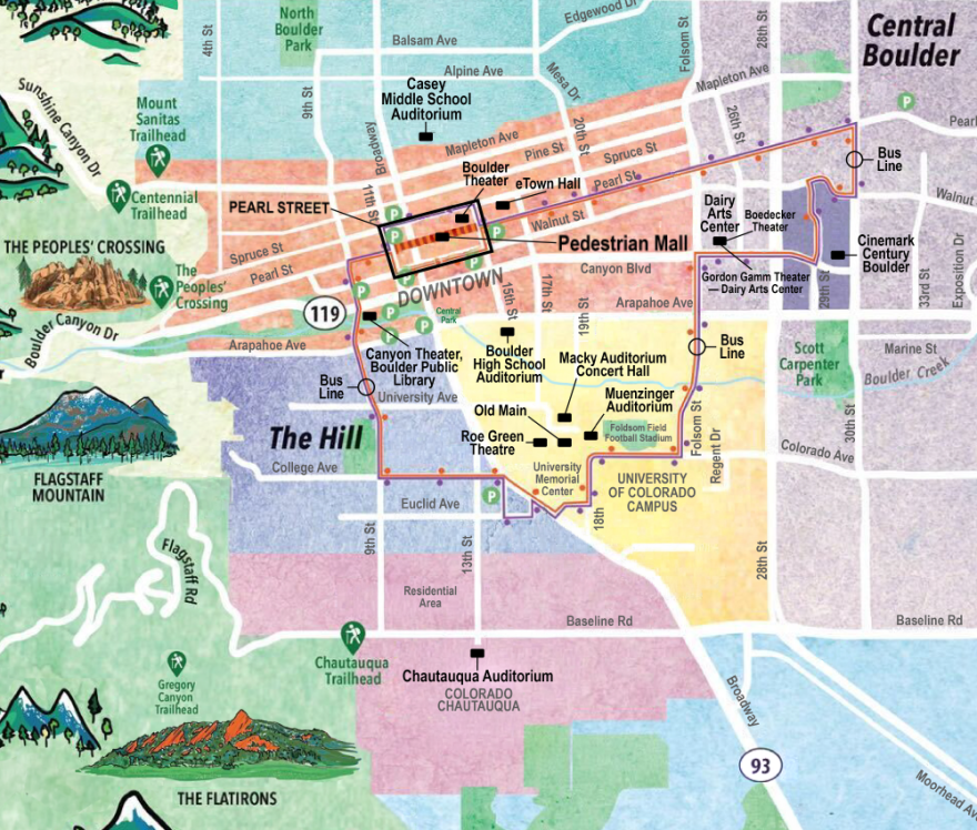 A map of downtown Boulder with venues highlighted.