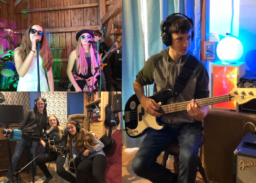 A grid of three photos of kids playing music.